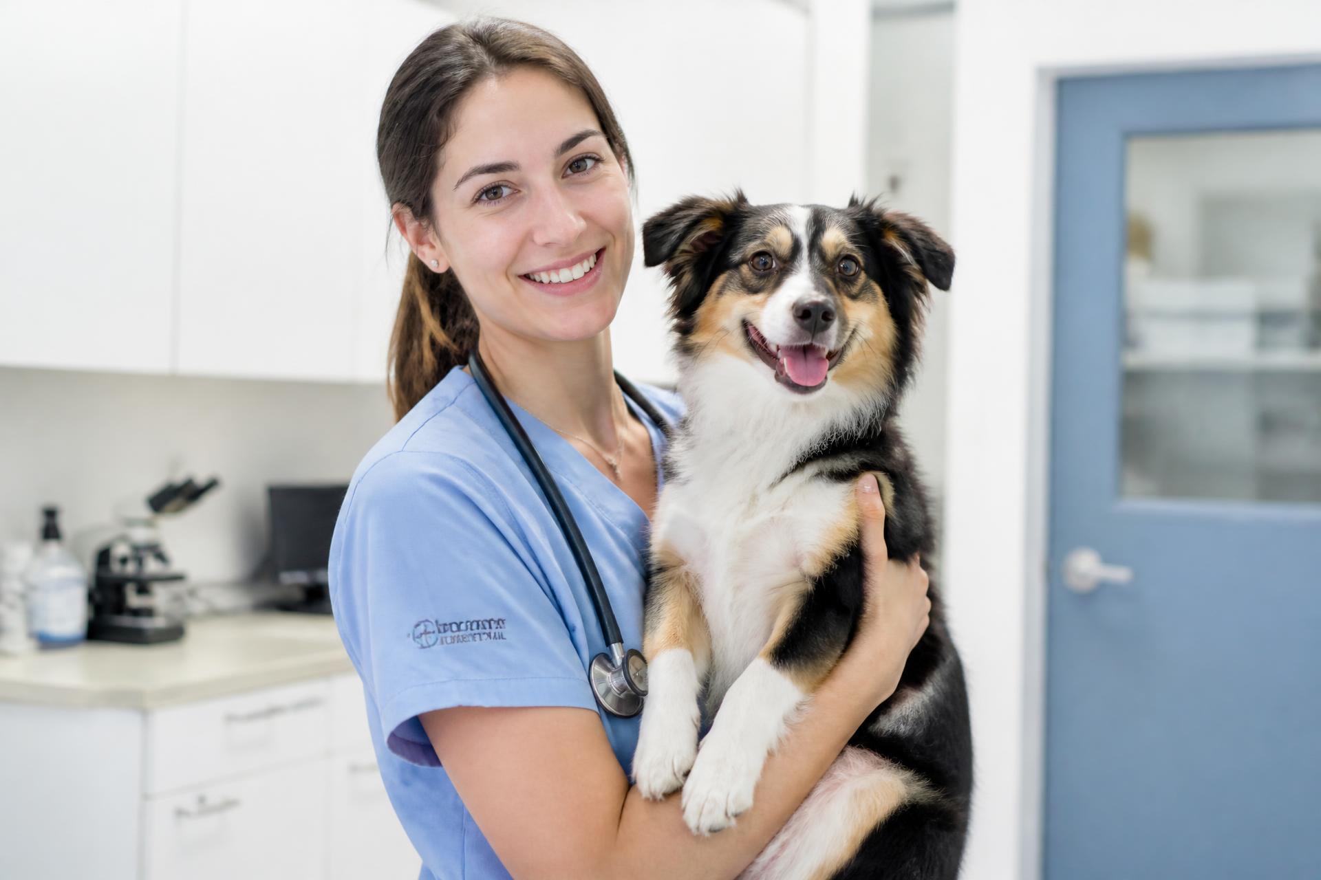 Médica veterinária do Abrigo Resgaute sorrindo com um cão saudável no colo, em consultório limpo e iluminado